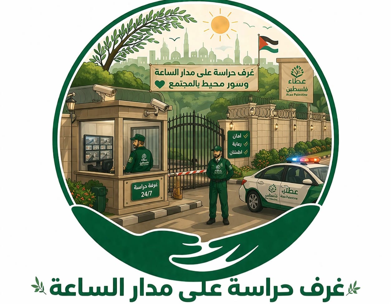 غرف حراسة على مدار الساعة وسور محيط بالمجتمع